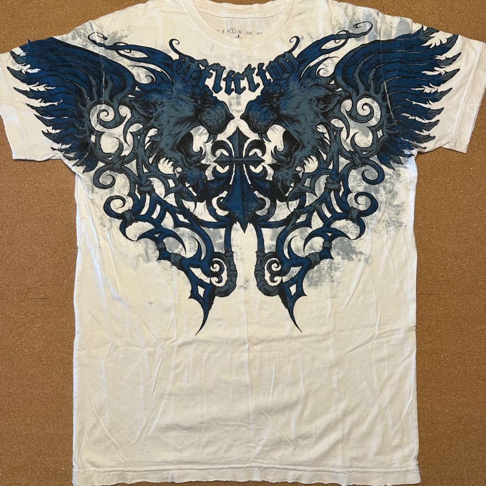 Affliction T Shirt Mens L White Blue Winged Crest Graphic Distressed Gothic MMA